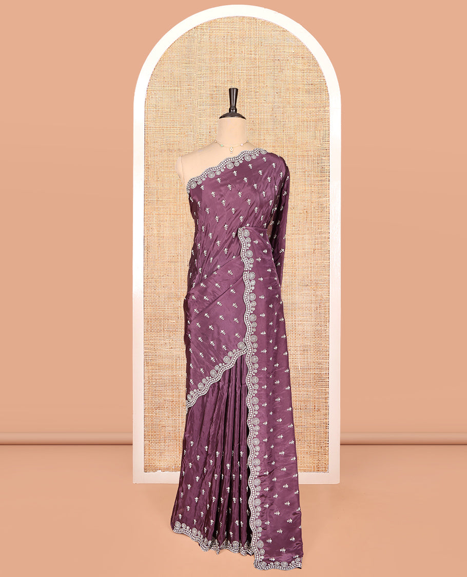 Violet Designer Saree, Richly Detailed with Swarovski Stonework, a Scallop Stonework Border, Matching Blouse