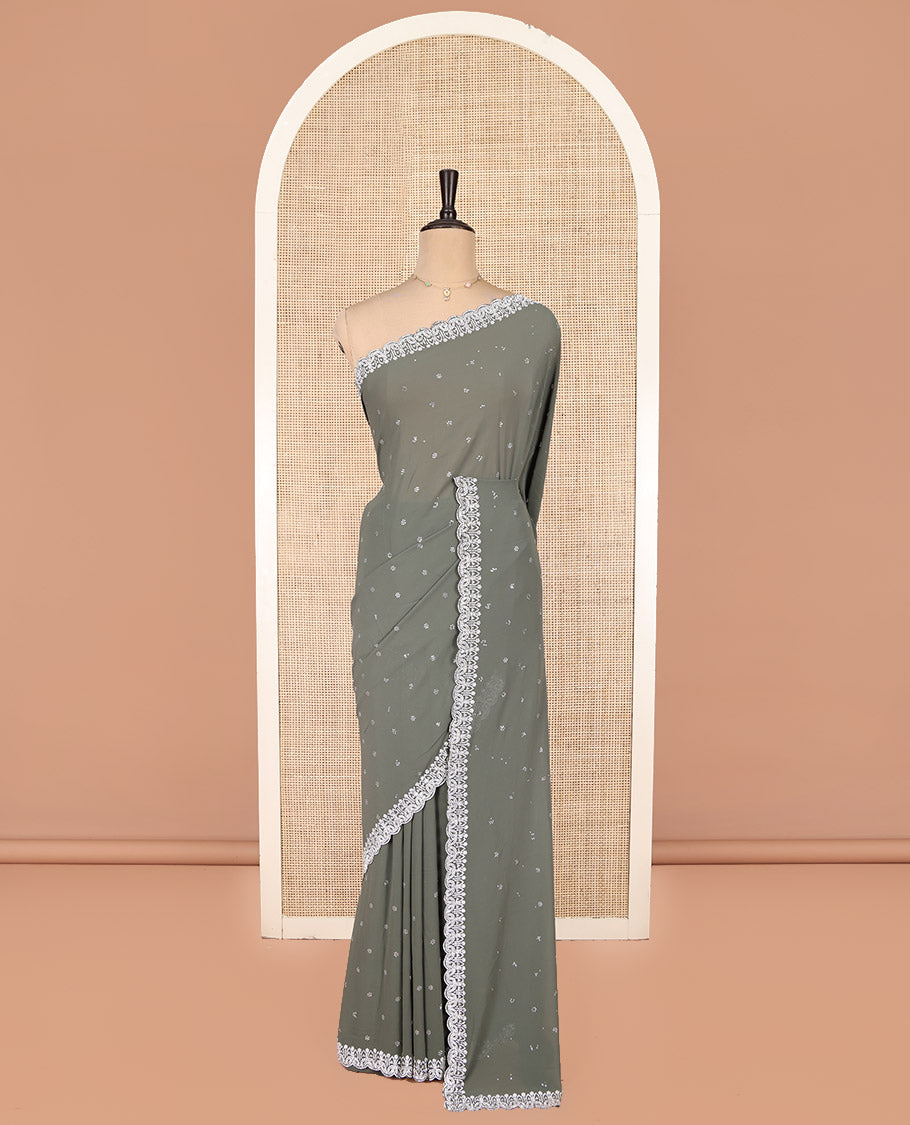 Green Designer Saree, Detailed with Micro-Stone Work, Scallop Micro-Stone Work Border, a Self-Pallu, and a Matching Blouse