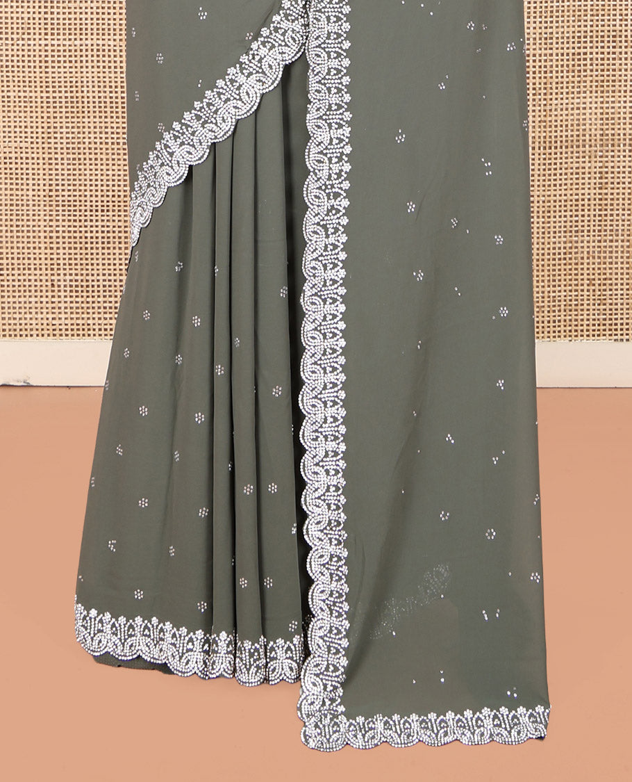 Green Designer Saree, Detailed with Micro-Stone Work, Scallop Micro-Stone Work Border, a Self-Pallu, and a Matching Blouse
