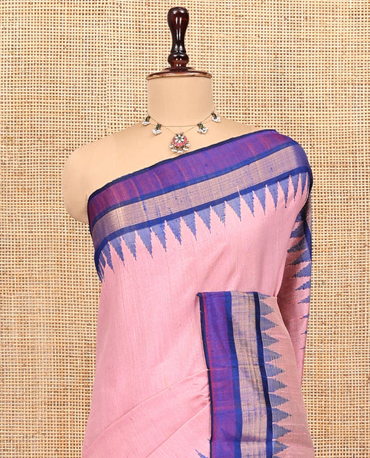 Pink Plain Dupion Silk Saree, Complemented by a Contrast Temple Zari Border, Gleaming Temple Design Pallu, and a Contrast Blouse