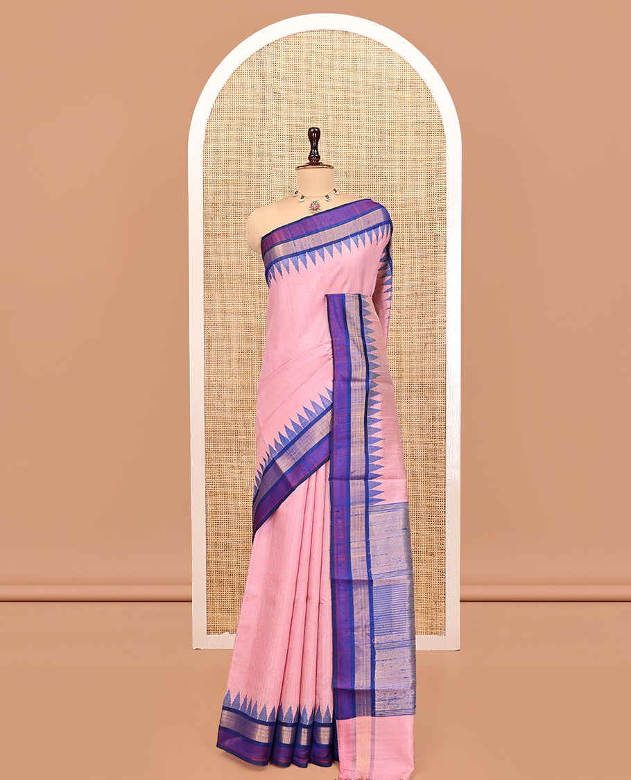 Pink Plain Dupion Silk Saree, Complemented by a Contrast Temple Zari Border, Gleaming Temple Design Pallu, and a Contrast Blouse