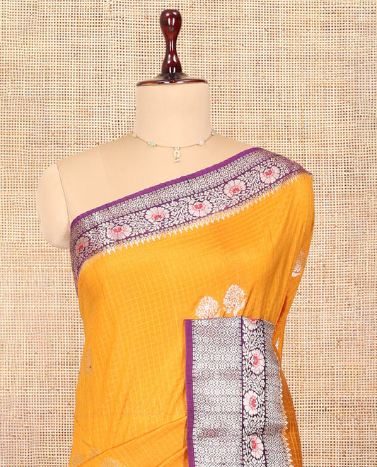 Pale Yellow Raw mango Silk Saree, Subtly Sparkled with Checks and Floral Buttas, a Contrast Floral Creeper Border, Intricate Pallu, and a Contrast Blouse