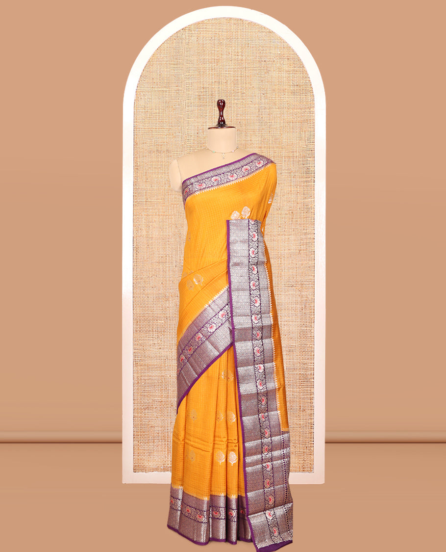 Pale Yellow Raw mango Silk Saree, Subtly Sparkled with Checks and Floral Buttas, a Contrast Floral Creeper Border, Intricate Pallu, and a Contrast Blouse