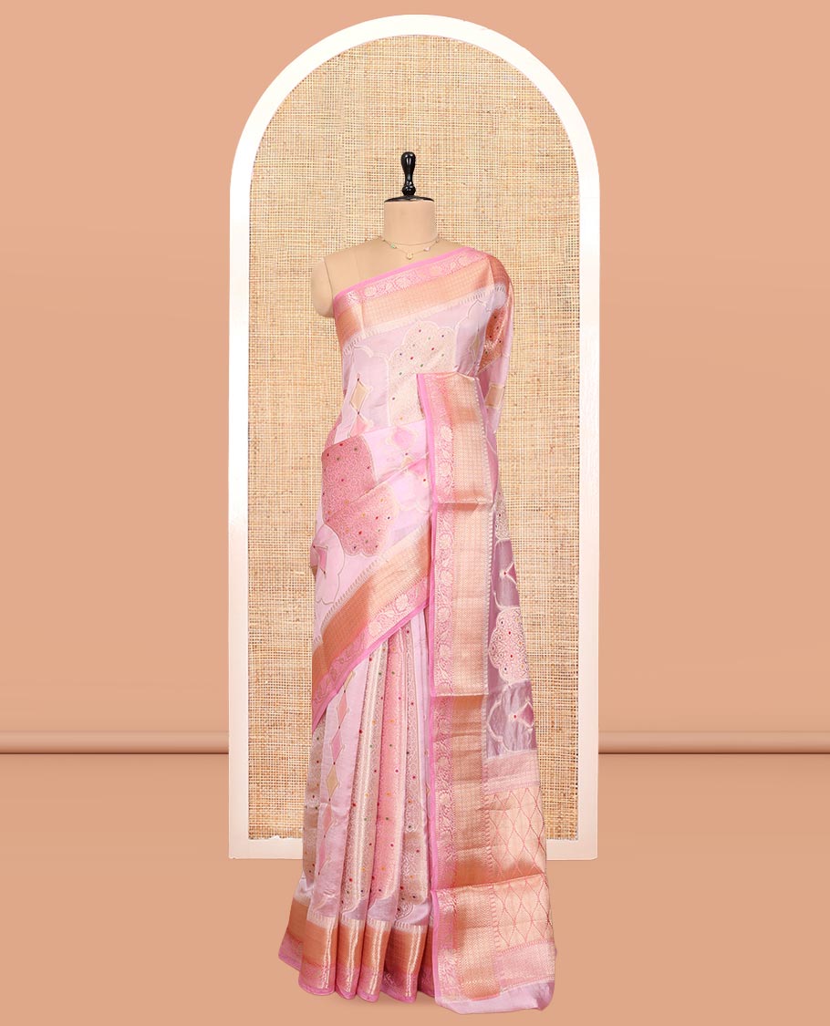 Pink Dupion Silk Saree, Elevated with Rangkat-Style Mughal Designs, a Contrast Traditional Zari Border, Ogee Pallu, and a Contrast Blouse