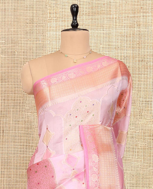 Pink Dupion Silk Saree, Elevated with Rangkat-Style Mughal Designs, a Contrast Traditional Zari Border, Ogee Pallu, and a Contrast Blouse
