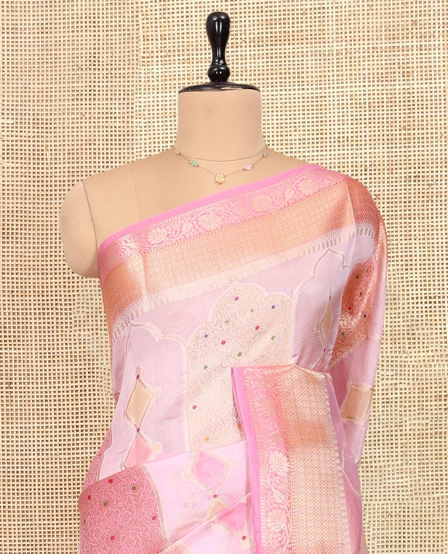 Pink Dupion Silk Saree, Elevated with Rangkat-Style Mughal Designs, a Contrast Traditional Zari Border, Ogee Pallu, and a Contrast Blouse