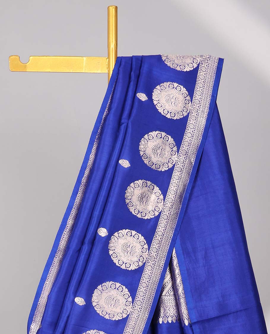 Blue floral buttas raw mango silk saree with self round buttas border & striped zari design pallu