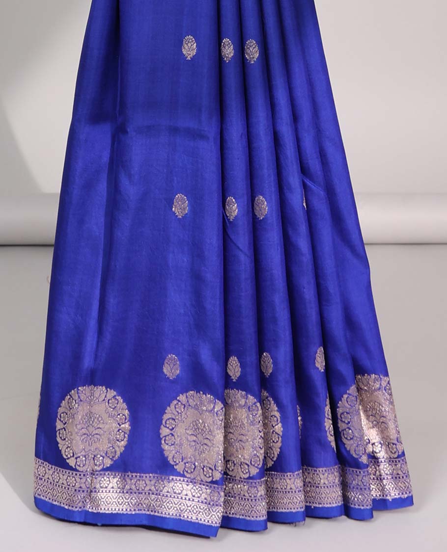 Blue floral buttas raw mango silk saree with self round buttas border & striped zari design pallu