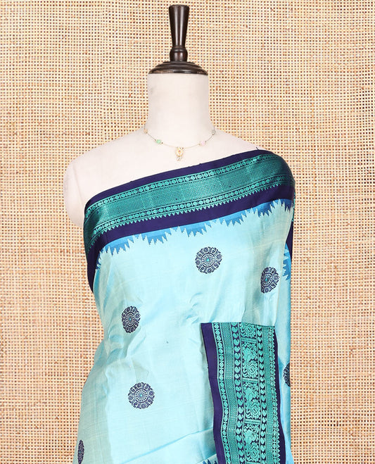 Blue Gadwal Silk Saree, Delicately Woven with Thread Buttas, Complemented by a Contrast Traditional Thread Border, Thread-Woven Pallu, and a Contrast Blouse