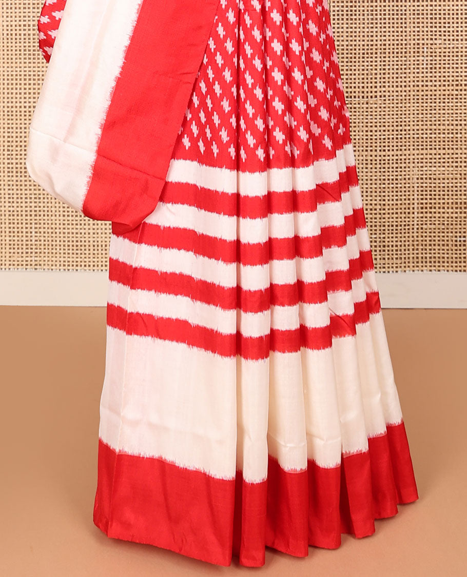 Red motifs ikkat saree with contrast striped border & floral motifs pallu