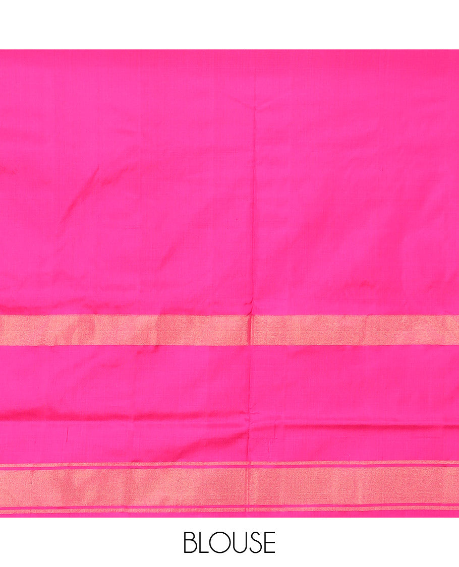 Rani Pink Ikkat Silk Saree Adorned with Colourful Buttas, Complemented by an Ikkat Woven Border, a Colourfully Woven Ikkat Pallu, and a Contrast Blouse