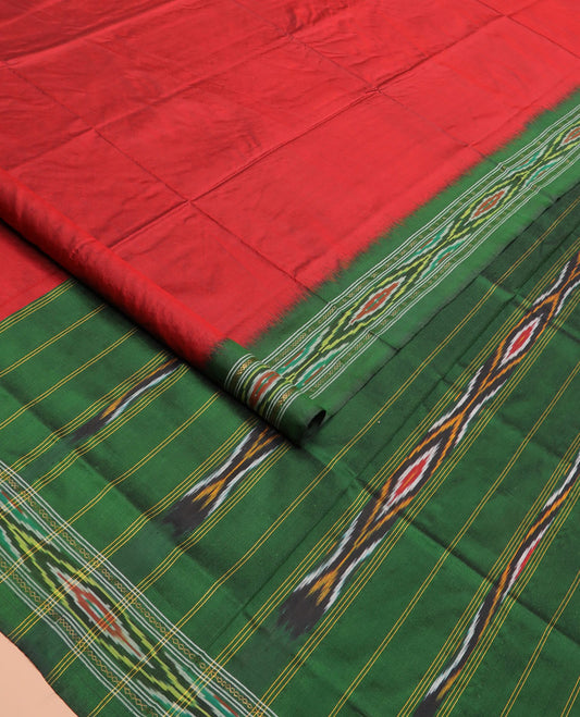 Persian Red Plain Ikkat Silk Saree with a Contrast Green Border Beautified by a Hazy Ikkat Weave, and a Pallu Depicting Stripes and Ikkat Texture