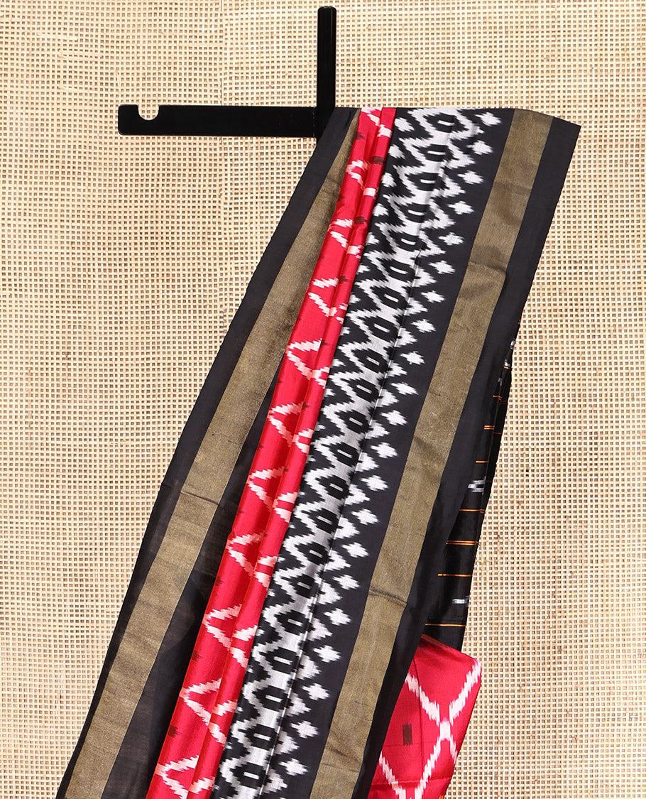 Red Pochampally Ikat Silk Saree, Elevated with Ikat Butta Enclosed Jaal Design, Complemented by a Contrast Ikkat Woven Border, Pallu of Ikkat Weave, and Paired with a Contrast Blouse