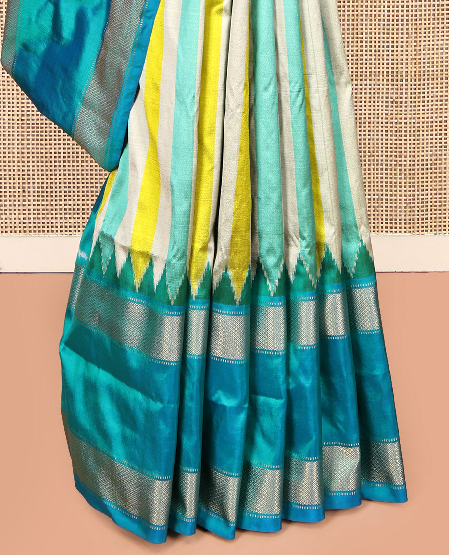 Multi-Color  Striped Pochampally Ikat Silk Saree, Complemented by a Contrast Temple Traditional Border, Ikat-Style Woven Pallu, and Contrast Blouse
