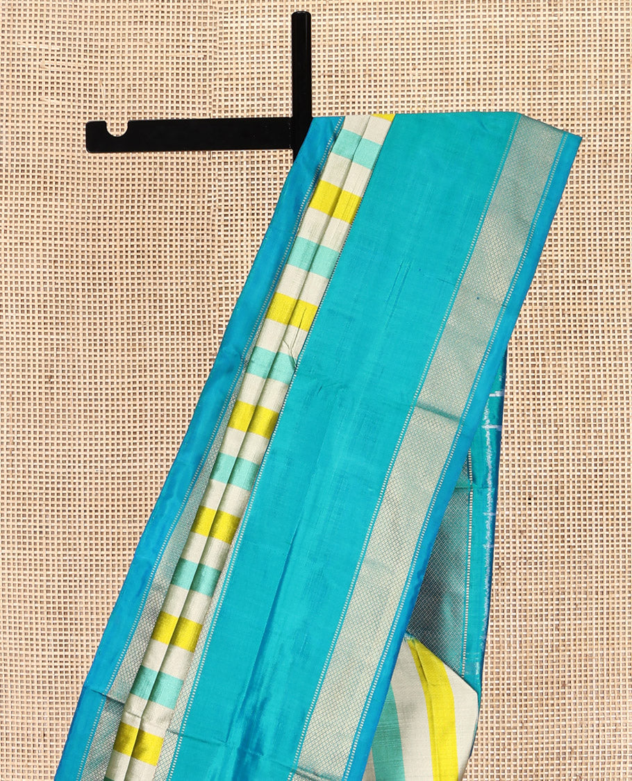 Multi-Color  Striped Pochampally Ikat Silk Saree, Complemented by a Contrast Temple Traditional Border, Ikat-Style Woven Pallu, and Contrast Blouse
