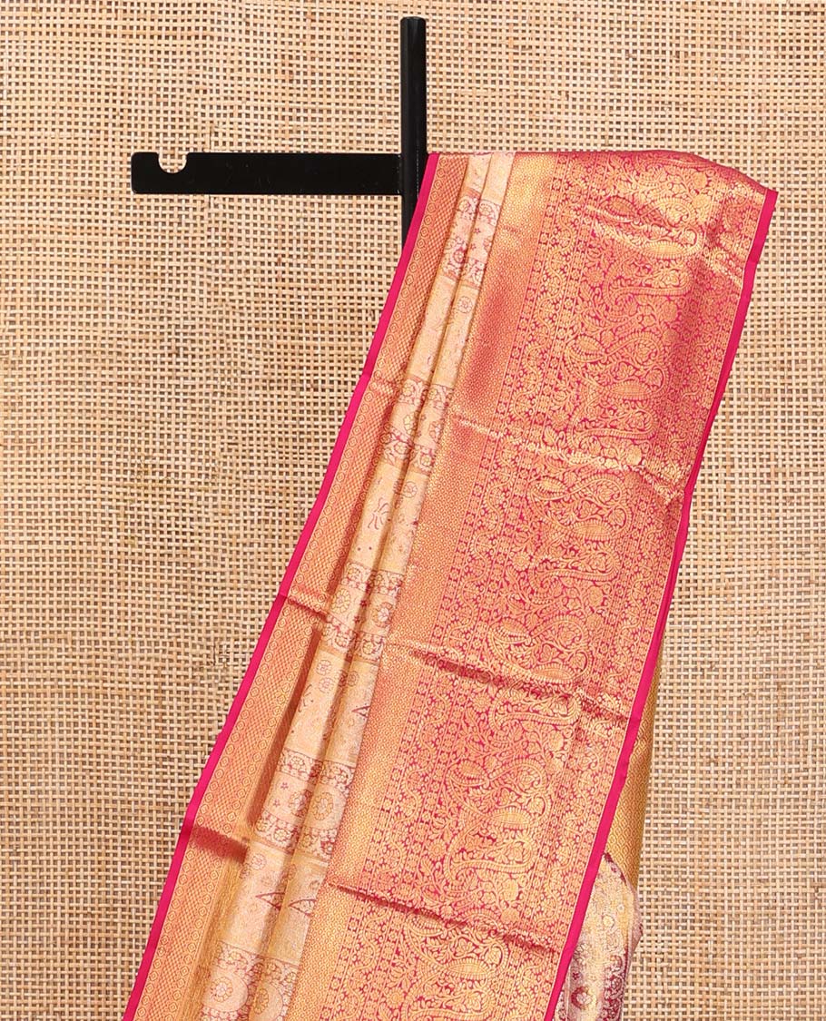 Pink Kanchipuram Tissue Silk Saree, Embellished with Jacquard Designs on Its Body, Complemented by a Contrast Border of Manga and Jaal Designs, Intricately Designed Pallu, and Paired with a Contrast Blouse