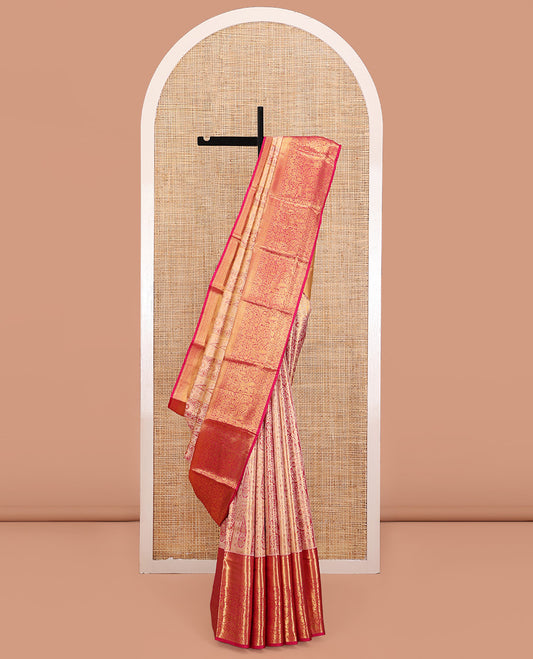 Pink Kanchipuram Tissue Silk Saree, Embellished with Jacquard Designs on Its Body, Complemented by a Contrast Border of Manga and Jaal Designs, Intricately Designed Pallu, and Paired with a Contrast Blouse