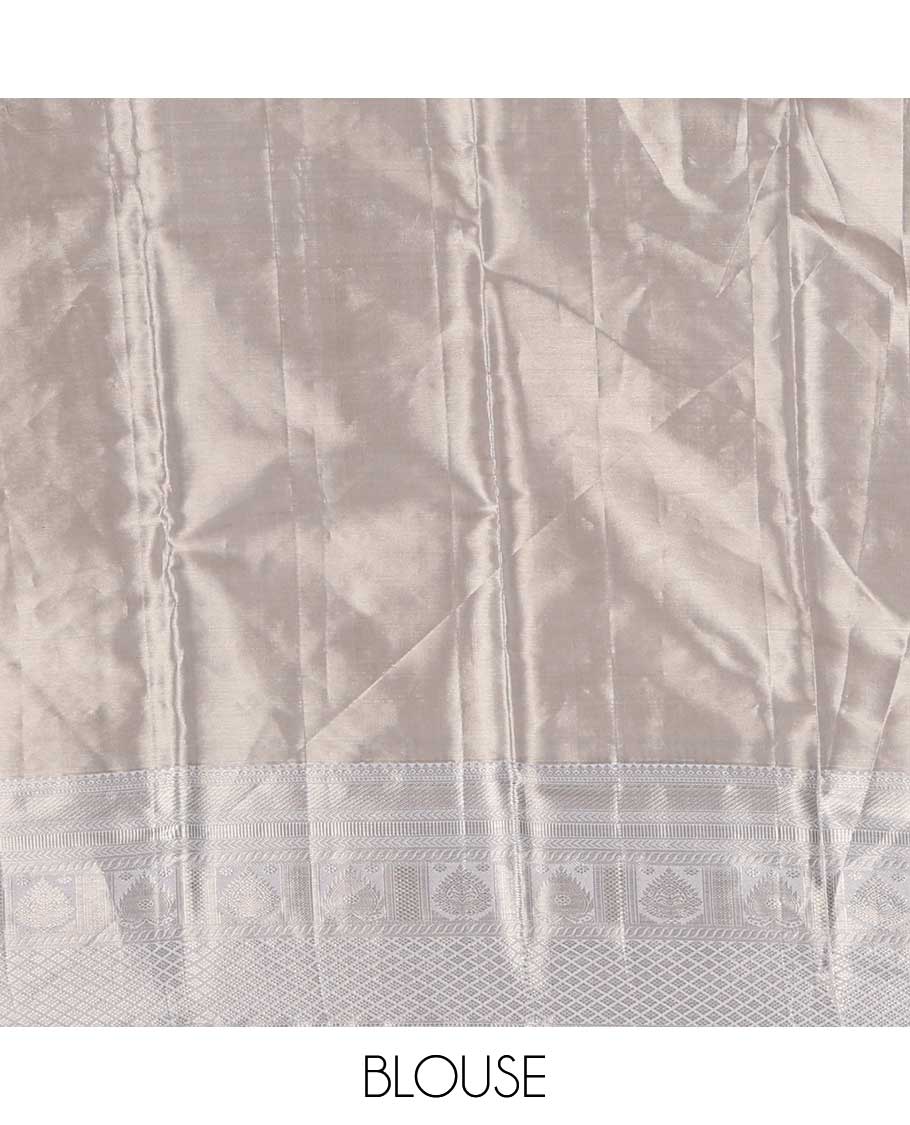 Yellow jacquard Kanchipuram tissue silk saree, contrast border of thilakam mokku, muthu, kathir, puli nagam, and jaal designs, and butta enclosed checks