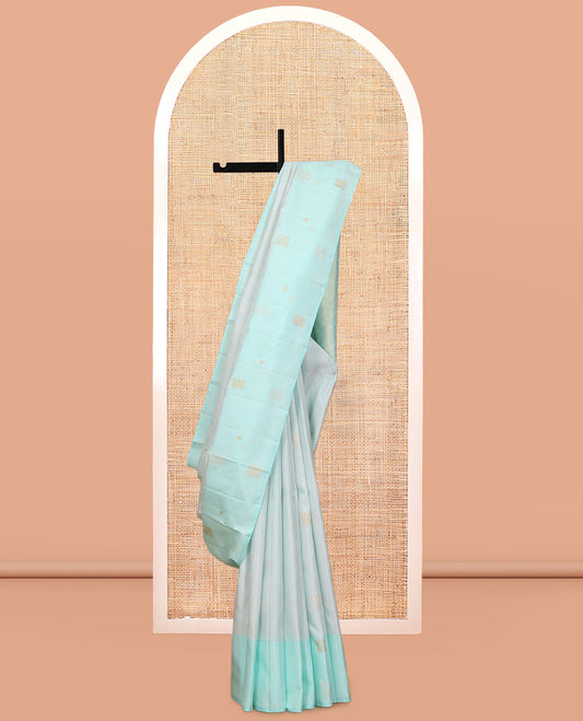Pale Blue Kanchipuram Silk Saree, Subtly Sparkled with Buttas, and Stripes, a Contrast Border, Zari Design Pallu, and a Matching Blouse
