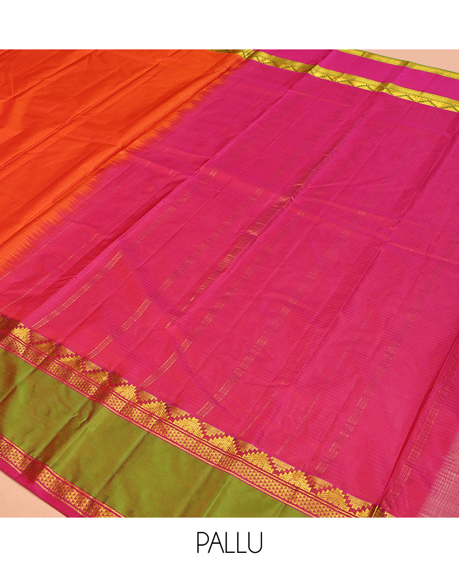 Orange Kanchipuram Silk Saree, Sparsely Woven with Vazhai Poo Stripes on Its Body, Complemented by Contrast Rettai Pettu Border of Thazampoo Rekku, and Ara Maadam Designs, Zari-Striped Pallu, and Paired with a Contrast Blouse