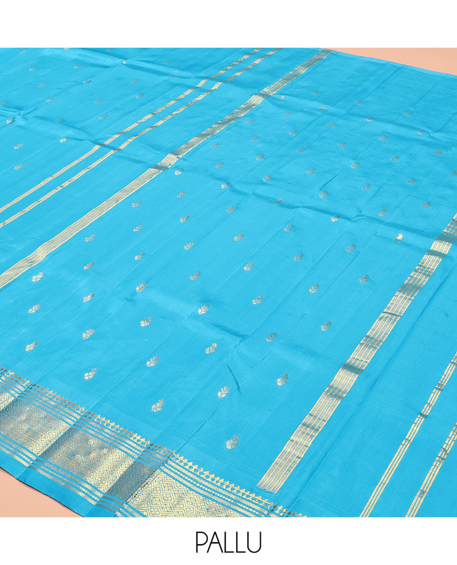 Blue Kanchipuram Silk Saree, Ornamented with Zari Buttas, Highlighted by a Zari One-Sided Border of Panner Sombu, Banaras, Muthu, and Jaal Designs, Grand Pallu, and No Blouse