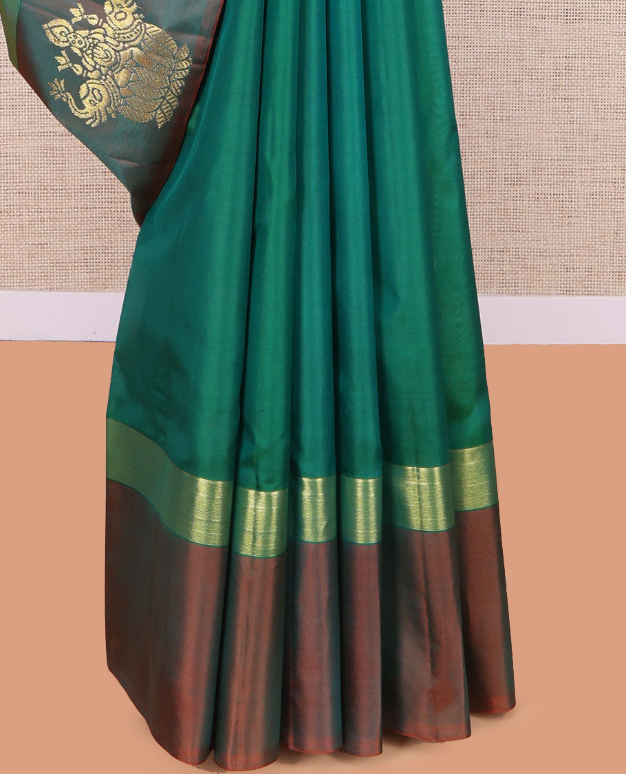 Green Kanchipuram Silk Saree, Woven with Goddess Lakshmi Buttas, a Contrast Goddess Lakshmi Border, Goddess Lakshmi Pallu, and a Contrast Blouse