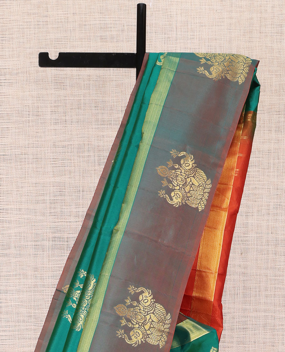 Green Kanchipuram Silk Saree, Woven with Goddess Lakshmi Buttas, a Contrast Goddess Lakshmi Border, Goddess Lakshmi Pallu, and a Contrast Blouse