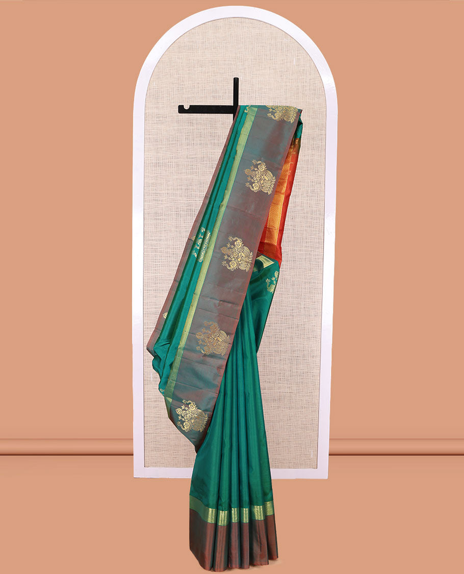 Green Kanchipuram Silk Saree, Woven with Goddess Lakshmi Buttas, a Contrast Goddess Lakshmi Border, Goddess Lakshmi Pallu, and a Contrast Blouse