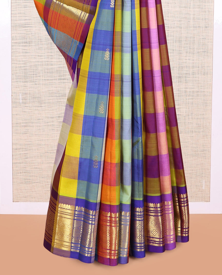 Multi-Color Palum Pazhamum Checked Kanchipuram Silk Saree, Woven with Zari Buttas, Zari One-sided Border of Thilakam Mokku, Banaras, Muthu, and Jaal Design, Zari Woven Pallu, and No Blouse