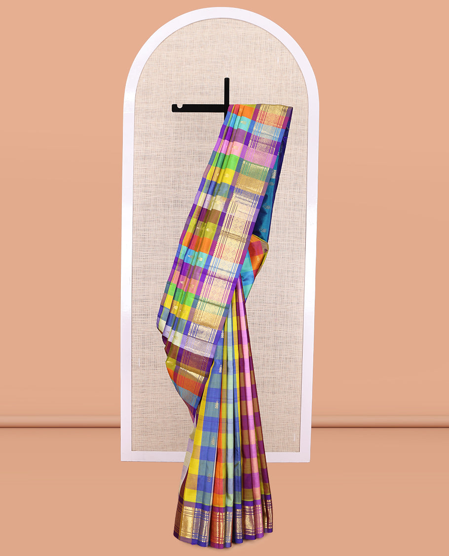Multi-Color Palum Pazhamum Checked Kanchipuram Silk Saree, Woven with Zari Buttas, Zari One-sided Border of Thilakam Mokku, Banaras, Muthu, and Jaal Design, Zari Woven Pallu, and No Blouse