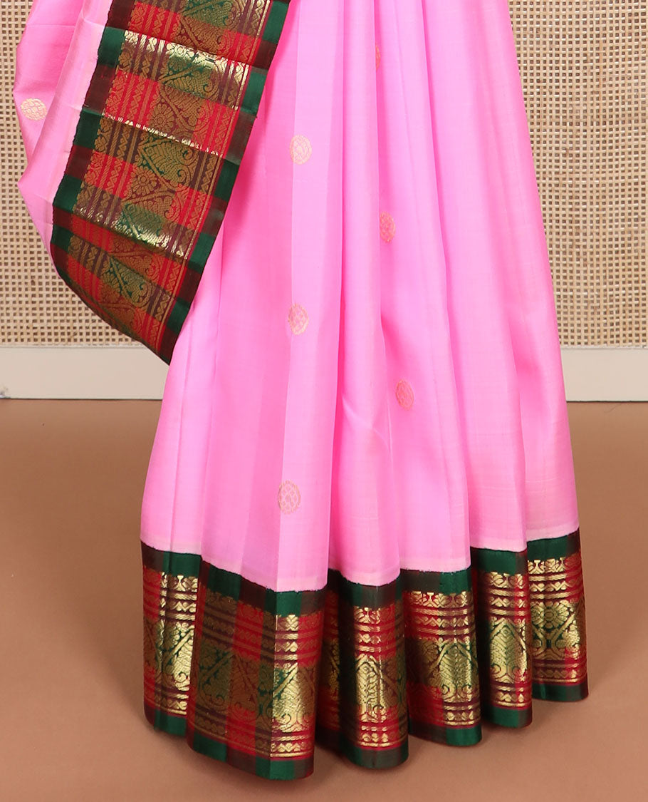 Pink zari buttas Kanchipuram silk saree, contrast one-sided korvai checked border of Banaras,neli & jada nagam & checked pallu of chakram design