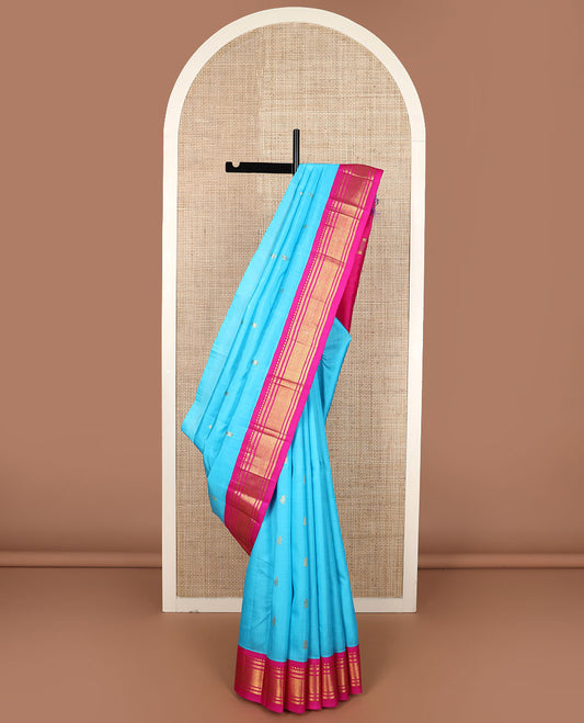 Blue zari buttas Kanchipuram silk saree, contrast korvai border of rekku, banaras & mayil kann & zari design pallu