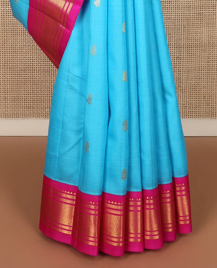 Blue zari buttas Kanchipuram silk saree, contrast korvai border of rekku, banaras & mayil kann & zari design pallu