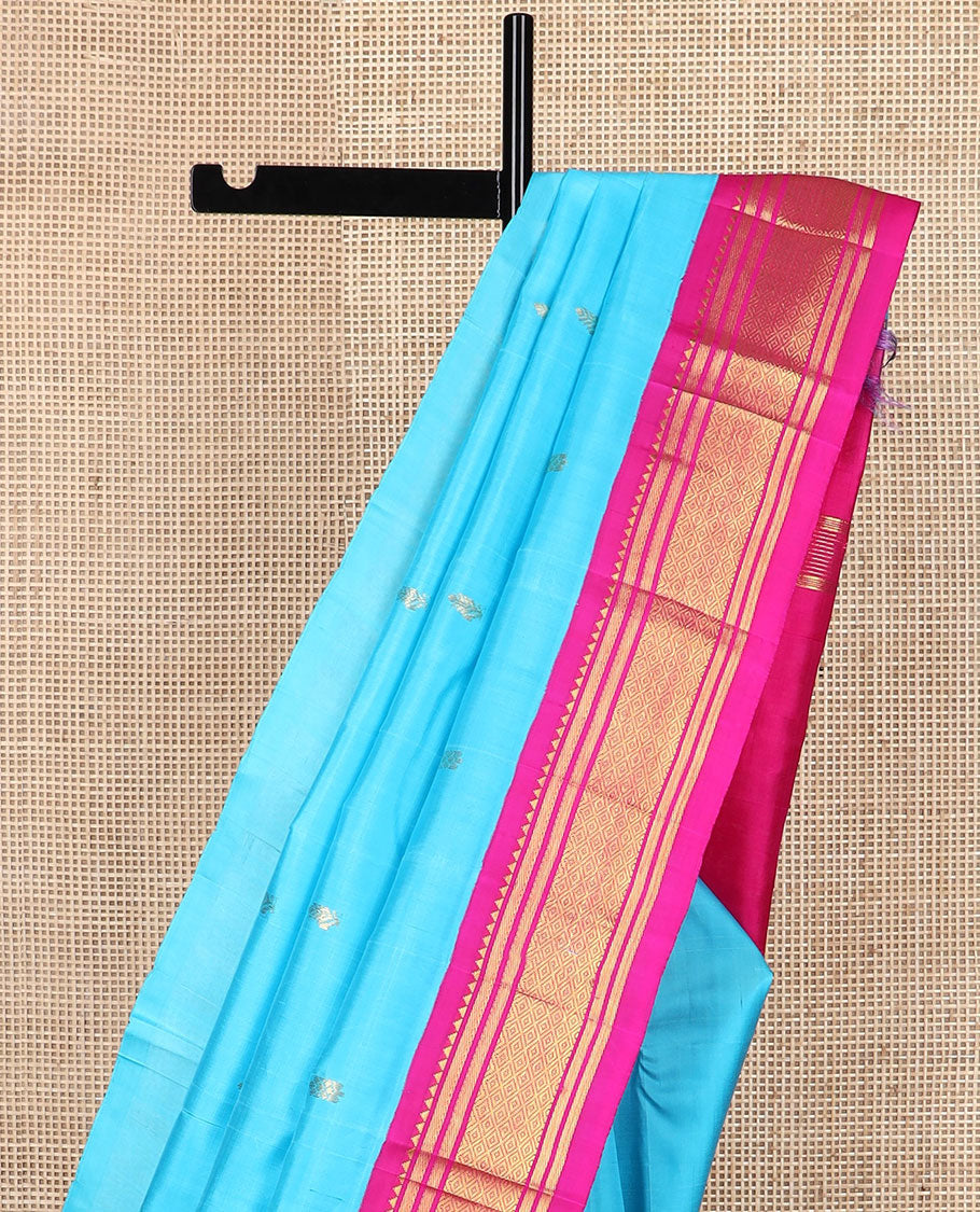 Blue zari buttas Kanchipuram silk saree, contrast korvai border of rekku, banaras & mayil kann & zari design pallu