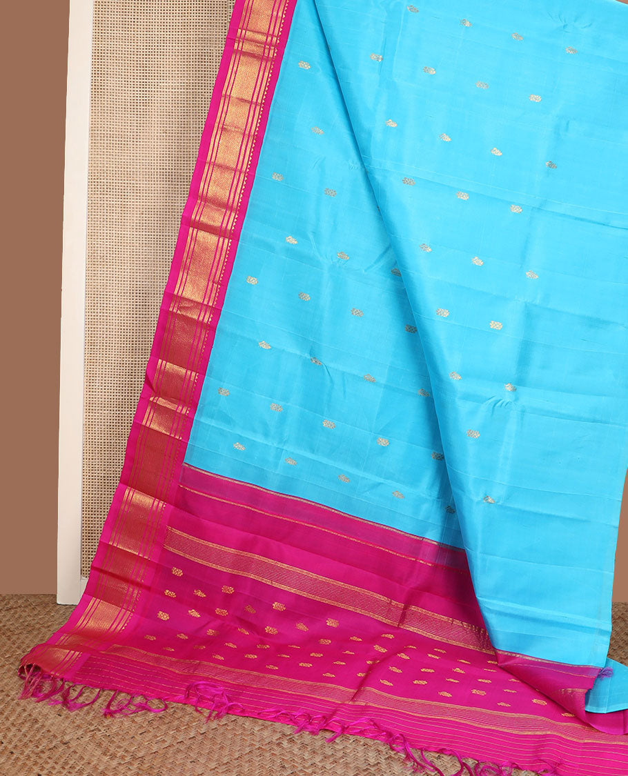 Blue zari buttas Kanchipuram silk saree, contrast korvai border of rekku, banaras & mayil kann & zari design pallu