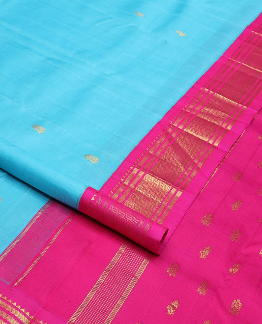 Blue zari buttas Kanchipuram silk saree, contrast korvai border of rekku, banaras & mayil kann & zari design pallu