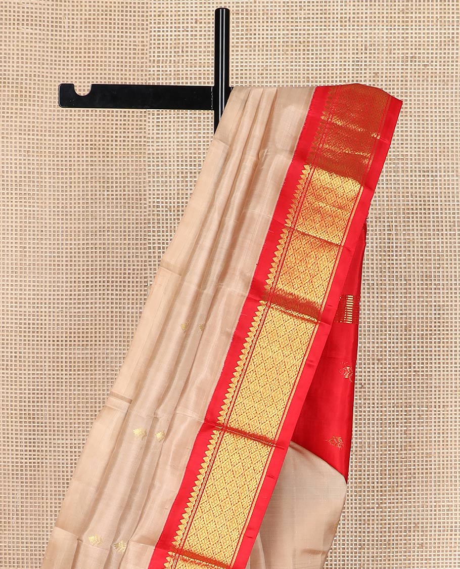 Fawn brown zari buttas silk saree, contrast korvai one-sided border of thilakam mokku & jaal design & zari design pallu