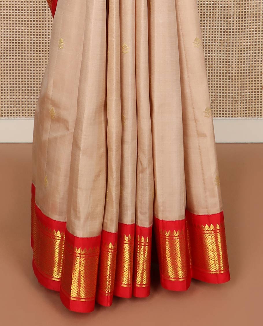 Fawn brown zari buttas silk saree, contrast korvai one-sided border of thilakam mokku & jaal design & zari design pallu