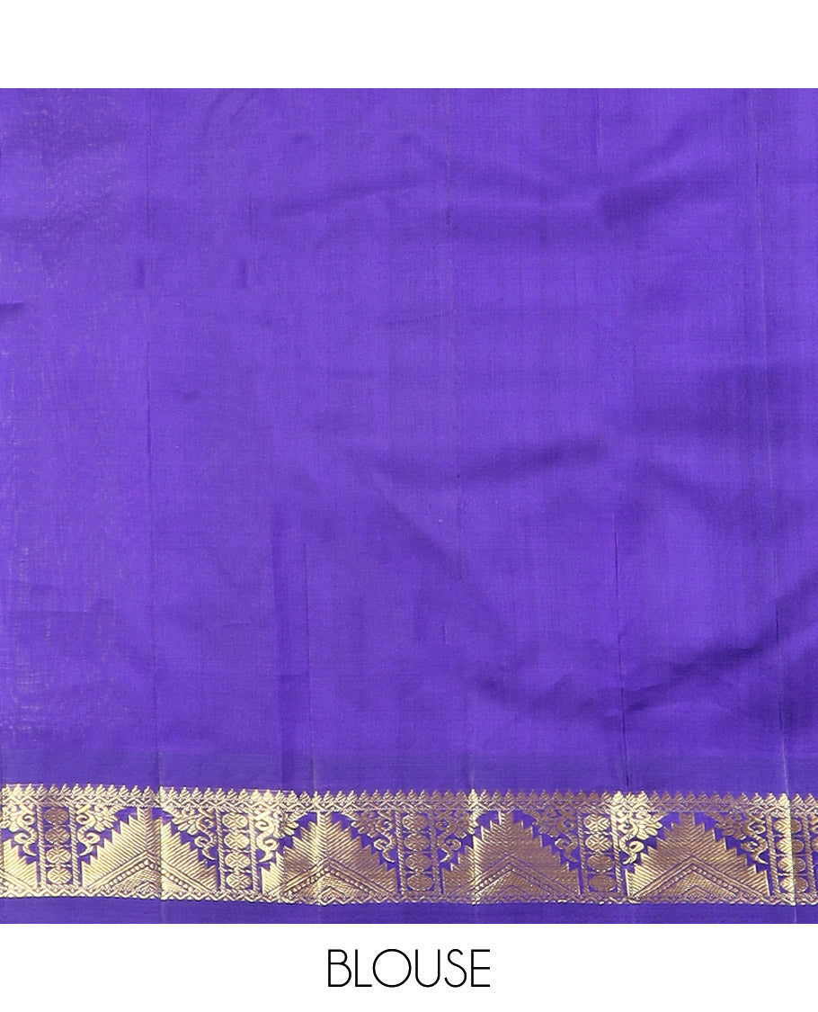 Lavender zari buttas Kanchipuram silk saree, contrast border of thilakam mokku, poun, thazampoo rekku, and neli designs, and zari design pallu