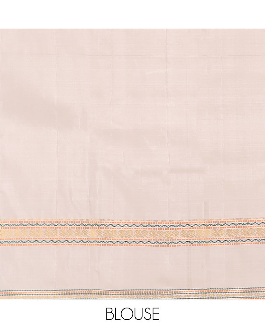 Cream thread buttas Kanchipuram silk saree, rettai pettu border of muthu, neli, and mayil designs, and jaal pallu