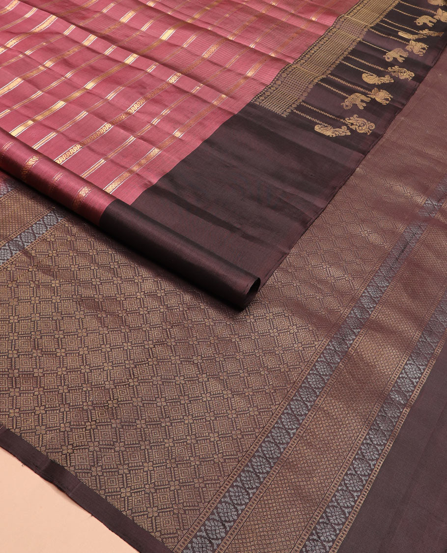 Pink zari design Kanchipuram silk saree, contrast border of rudraksham, mayil, annam, kuthirai, and yaanai designs, and jaal pallu