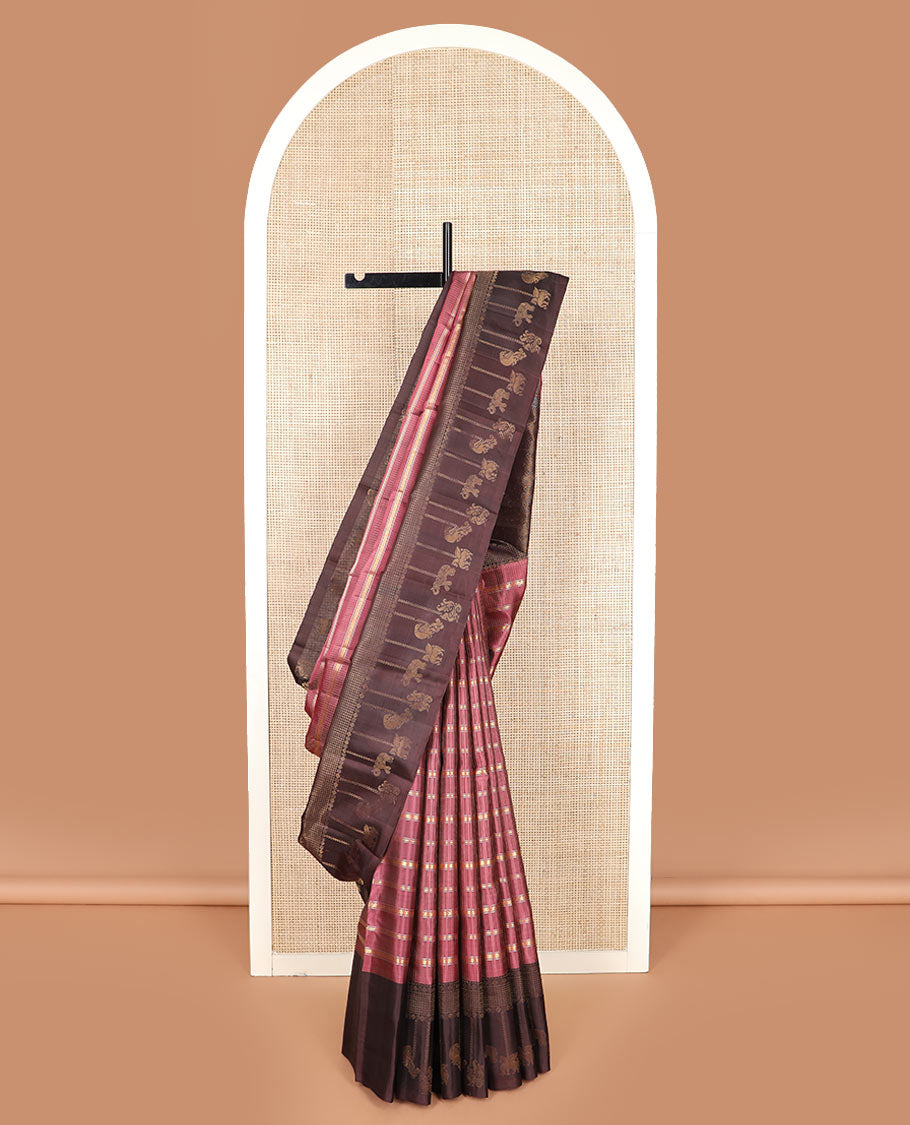 Pink zari design Kanchipuram silk saree, contrast border of rudraksham, mayil, annam, kuthirai, and yaanai designs, and jaal pallu