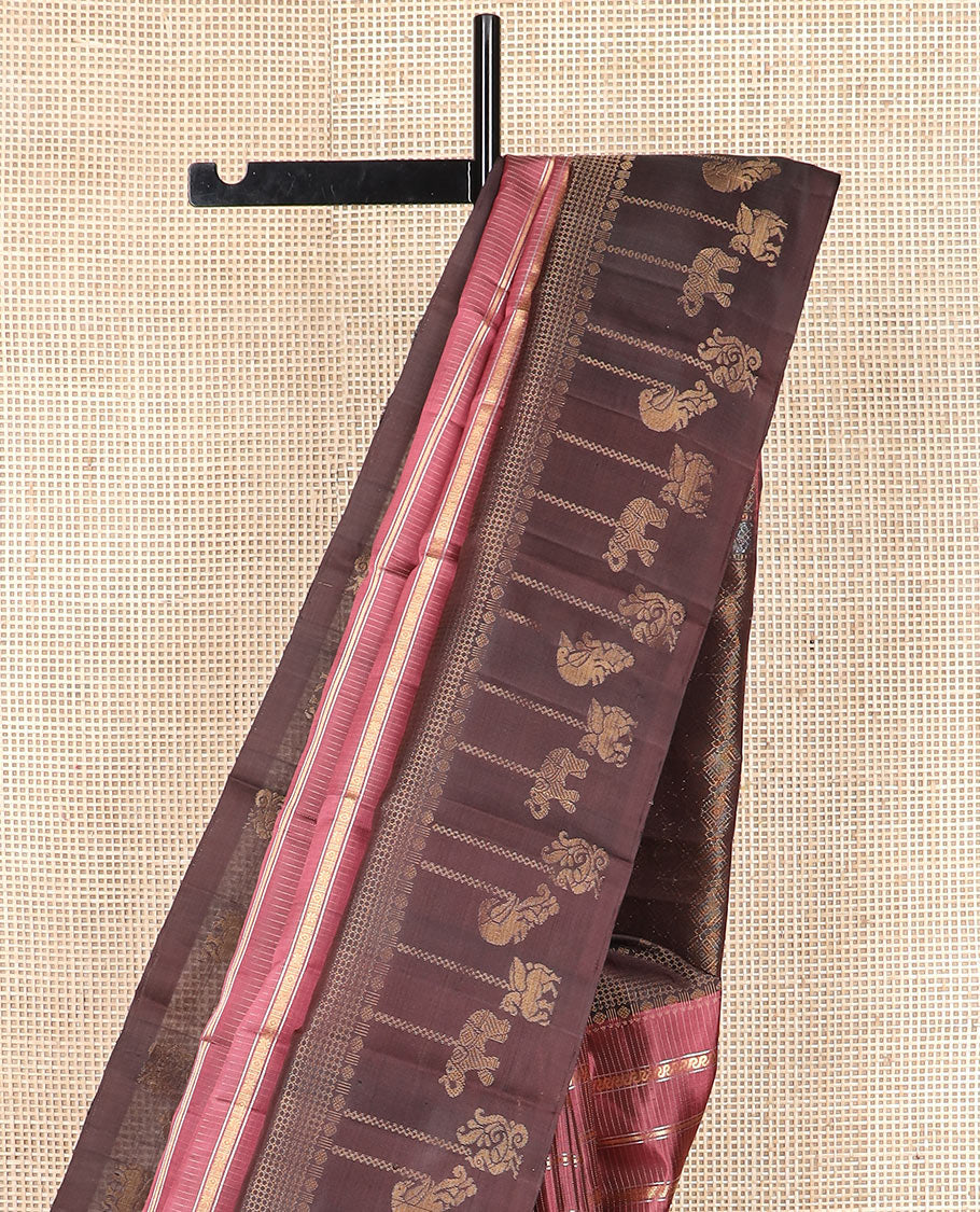 Pink zari design Kanchipuram silk saree, contrast border of rudraksham, mayil, annam, kuthirai, and yaanai designs, and jaal pallu