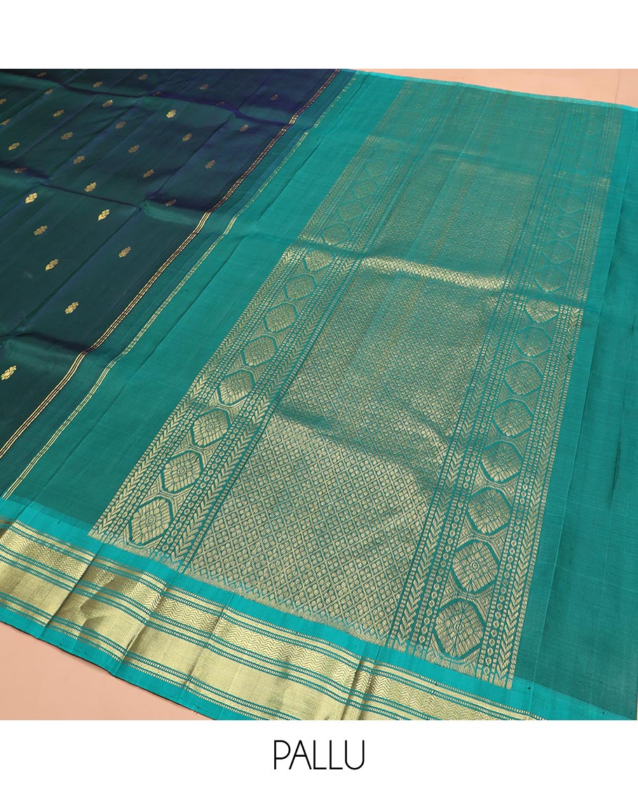 Green Kanchipuram Silk Saree, Finely Woven with Zari Buttas All Over Its Body, Complemented by Contrast One-sided Border Featuring Muthu, Kathir, and Vanki Designs, Zari Elevated Pallu of Jaal Designs, and Comes Without a Blouse