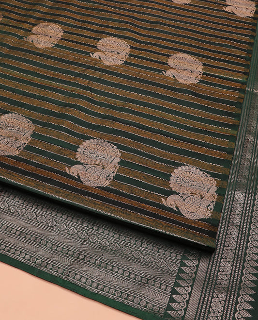 Borderless Green Kanchipuram Silk Saree Highlighted by Annam Buttas and Stripes All Over Its Body, Subtly Sparkled Pallu of Rudraksham, Muthu, Kathir, and Laddu Kamalam Designs, and Paired with a Matching Blouse