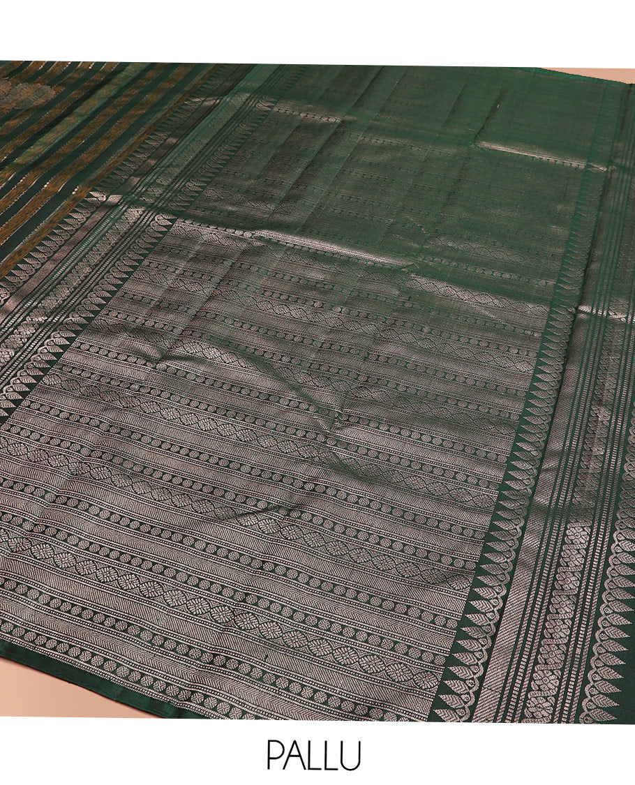 Borderless Green Kanchipuram Silk Saree Highlighted by Annam Buttas and Stripes All Over Its Body, Subtly Sparkled Pallu of Rudraksham, Muthu, Kathir, and Laddu Kamalam Designs, and Paired with a Matching Blouse