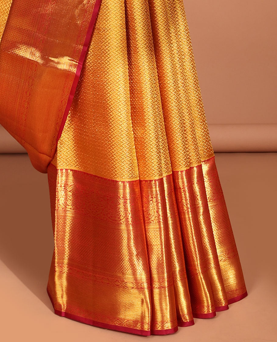 Orange zig zag striped kancheepuram tissue silk saree , contrast traditional zari border & intricate zari pallu