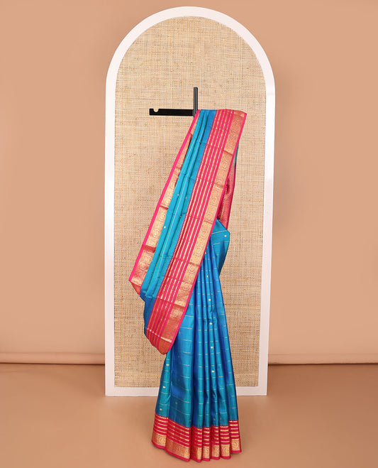Blue striped, floral design kancheepuram silk saree with contrast border of rekku, muthu, mayil design & zari design pallu