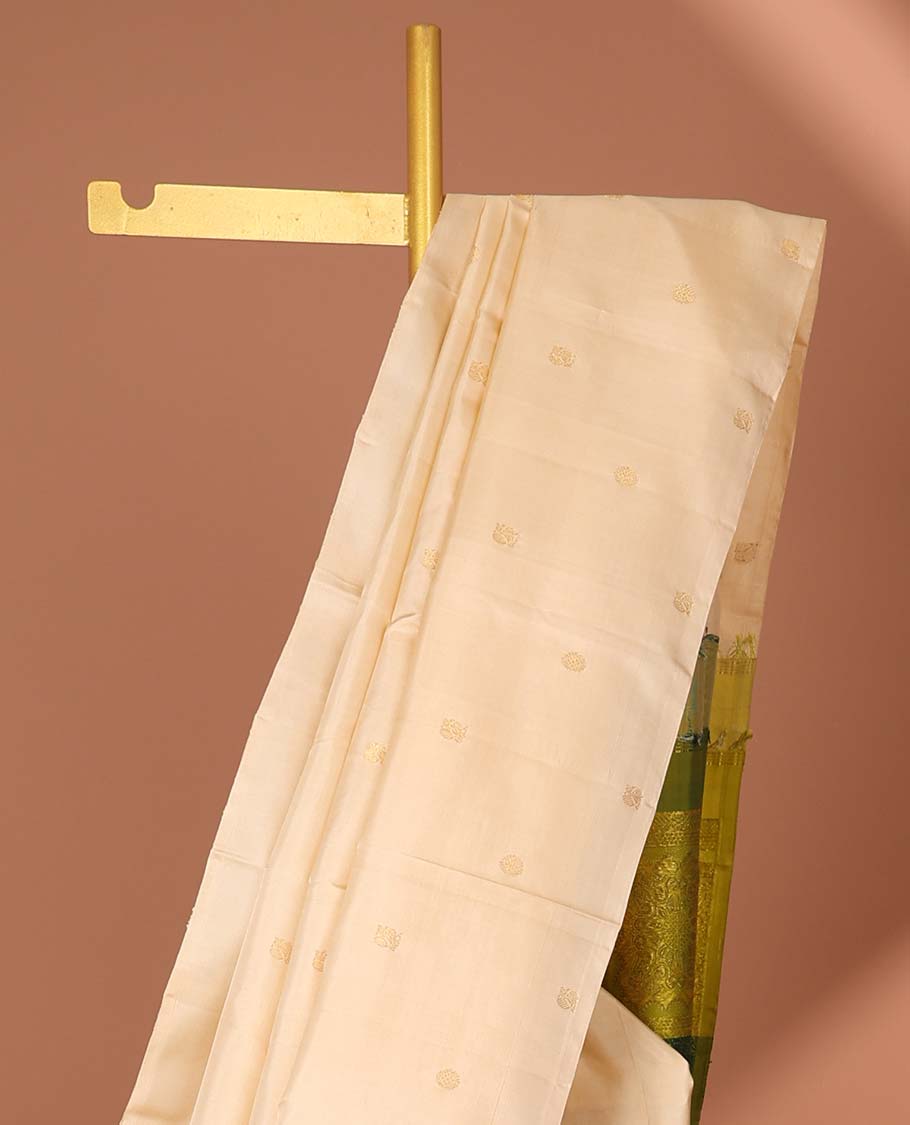 Borderless sandal zari buttas Kanchipuram silk saree, contrast multi-color pallu of intricate designs