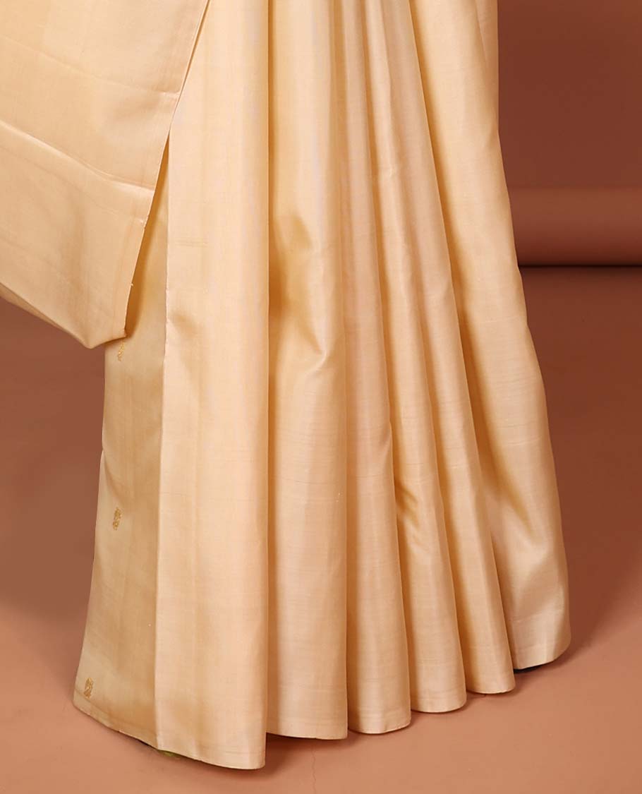 Borderless sandal zari buttas Kanchipuram silk saree, contrast multi-color pallu of intricate designs